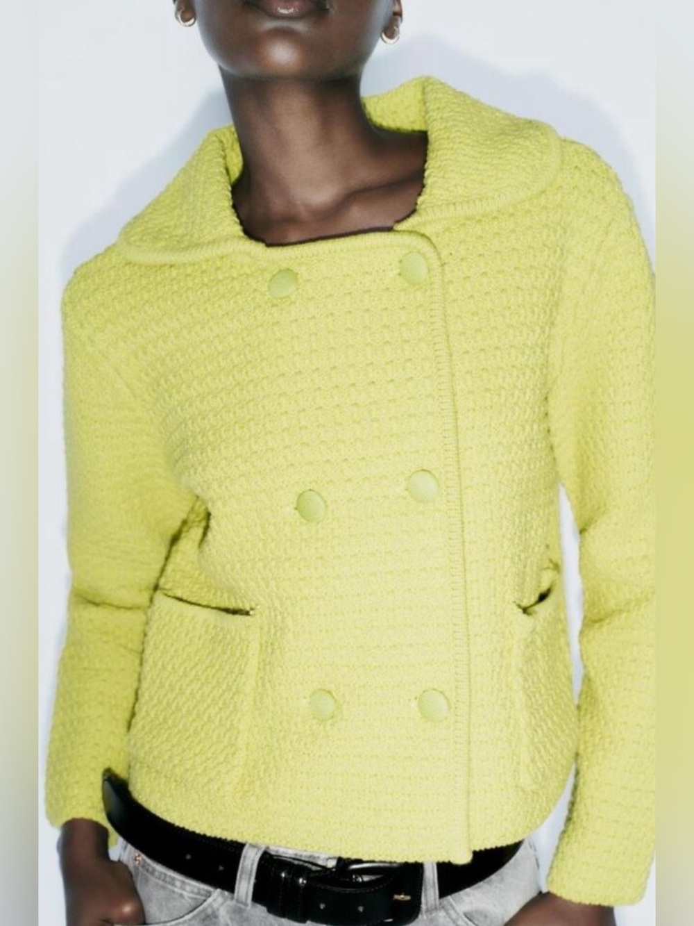 Zara Chunky Knit Cardigan With Peter Pan Collar in Lime Green - Picture 5 of 10